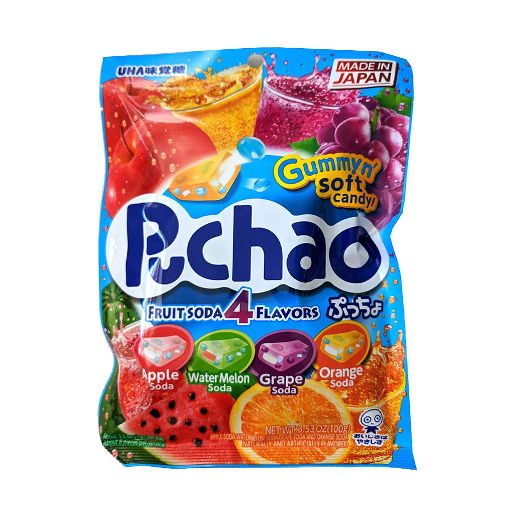 UHA Puchao Soft Chewy Candy with Gummy Bits 4 Fruit Soda Flavors with Apple Watermelon Grape and Orange 3.53 OZ