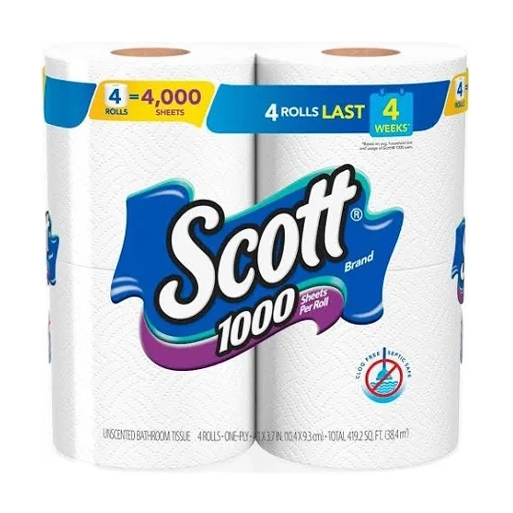 Scott Bathroom Tissue, 1000, Unscented, One-Ply (4 Rolls)
